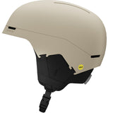 BrigadeIndexMIPS- Beige helmet with black chin strap on a white background