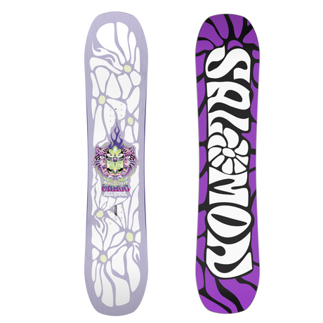 Grace- A kids' snowboard with a predominantly purple color and white detailing, featuring a floral and butterfly pattern, and the Salomon brand name.