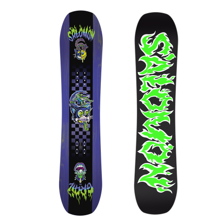 Grail- A Salomon Grail Kids snowboard featuring a vibrant design with green flame and dragon graphics on a black background, and a blue tip design.