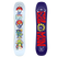 TheTeam-A kids' snowboard with a colorful design featuring various characters and a blue top sheet with red and yellow text displaying the brand 'Salomon'.