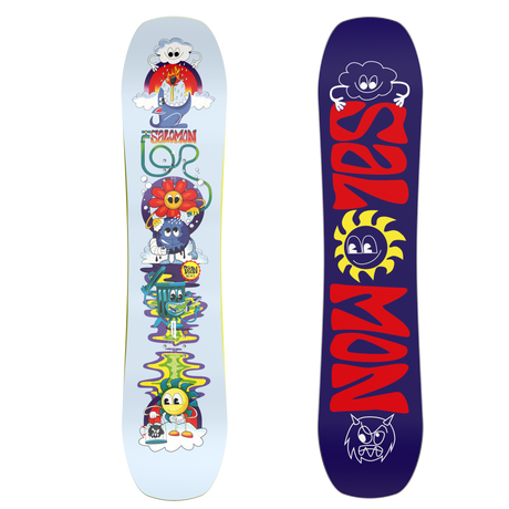 TheTeam-A kids' snowboard with a colorful design featuring various characters and a blue top sheet with red and yellow text displaying the brand 'Salomon'.