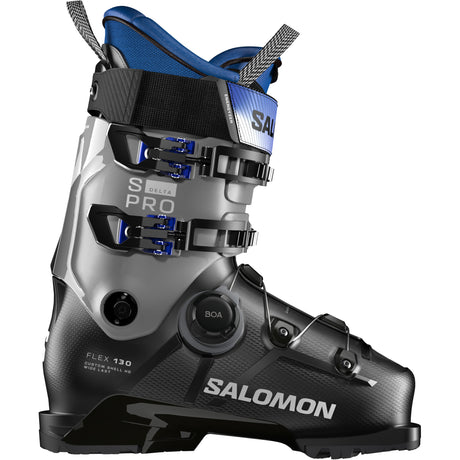 S/Pro Delta BOA 130- A Salomon S/Pro Delta BOA 130 GW Men's ski boot with blue, black, and gray colors featuring the BOA Fit System.