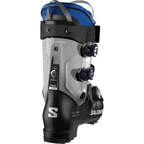 S/Pro Delta BOA 130- A Salomon S/Pro Delta BOA 130 GW Men's ski boot with blue, black, and gray colors featuring the BOA Fit System.