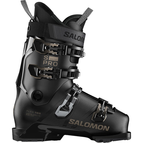 S/Pro Delta 100- A Salomon S/Pro Delta 100 GW Men's ski boot in black color featuring a buckled strap and the Salomon logo.