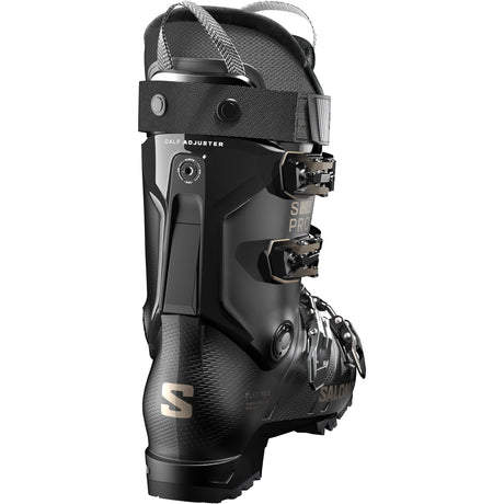 S/Pro Delta 100- A Salomon S/Pro Delta 100 GW Men's ski boot in black color featuring a buckled strap and the Salomon logo.