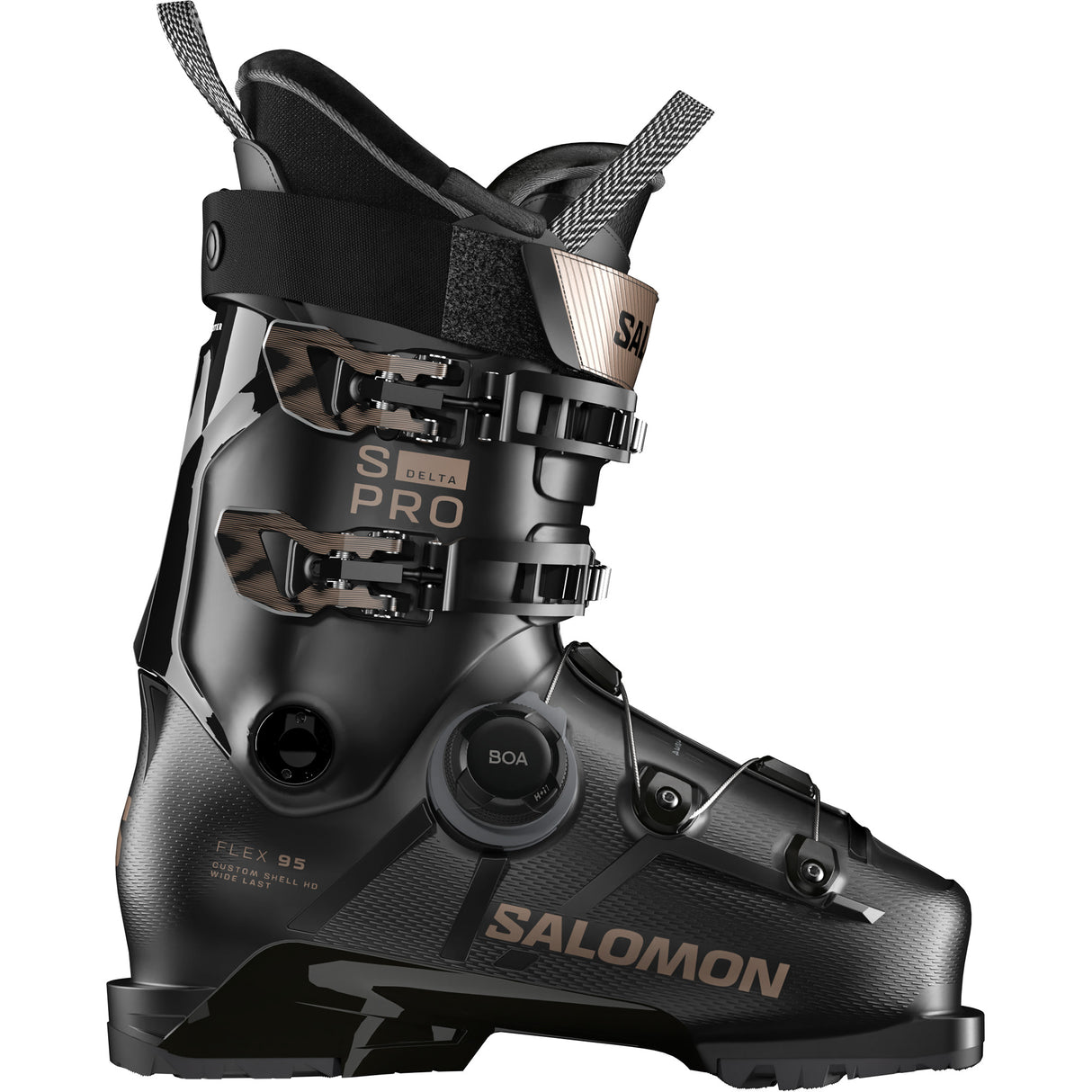 S/Pro Delta BOA 95 W- A Salomon S/Pro Delta BOA 95 W GW women's ski boot with a black upper and BOA lacing system.