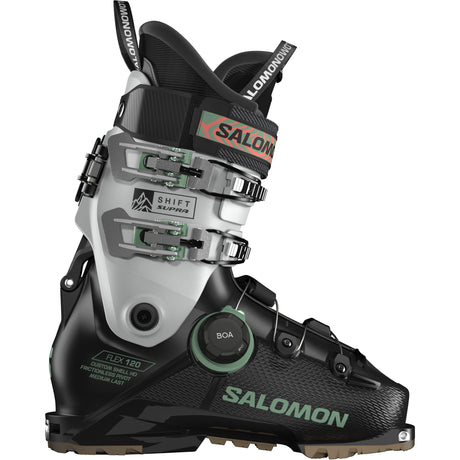 Shift Supra BOA 120- Salomon Shift Supra BOA 120 GW Mens Ski Boots for 2027, featuring a BOA lacing system, in a color combination of black, white, and green, with the Salomon logo prominently displayed.