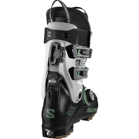 Shift Supra BOA 120- Salomon Shift Supra BOA 120 GW Mens Ski Boots for 2027, featuring a BOA lacing system, in a color combination of black, white, and green, with the Salomon logo prominently displayed.