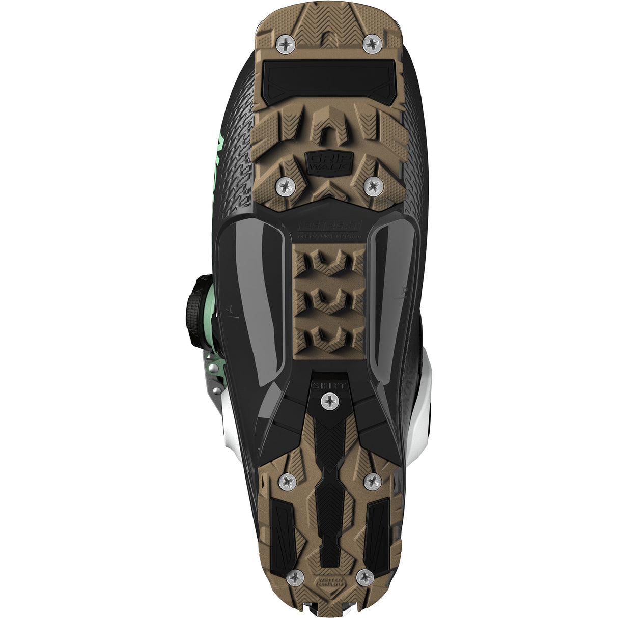 Shift Supra BOA 120- Salomon Shift Supra BOA 120 GW Mens Ski Boots for 2027, featuring a BOA lacing system, in a color combination of black, white, and green, with the Salomon logo prominently displayed.