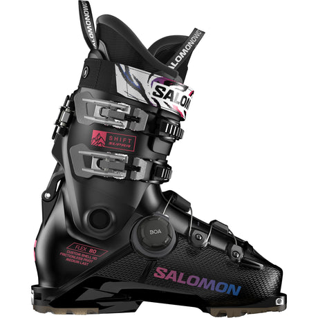 Shift Supra BOA 80- Salomon Shift Supra BOA 80 GW Kids Ski Boot in black with BOA lacing system, visible logos, and winter ski boot features.