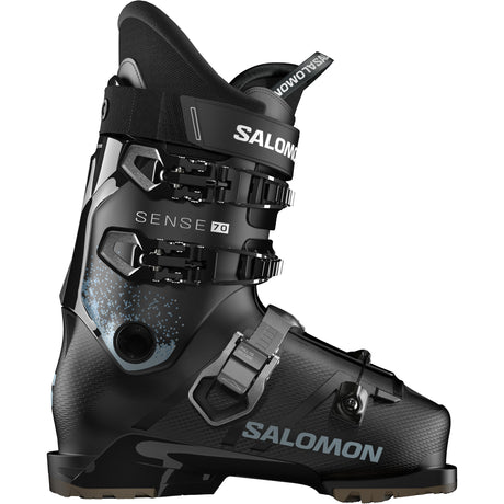 Sense 70- Salomon Sense 70 GW Kids Ski Boots in black with blue accents, featuring multiple buckles and the Salomon logo on the side.
