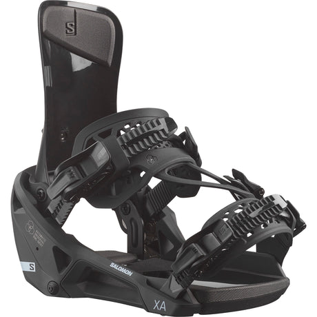 XASupermatic-Salomon XA Supermatic snowboard bindings in black color, featuring a step-in system with dual straps and a highback, designed for aggressive all-mountain riding.