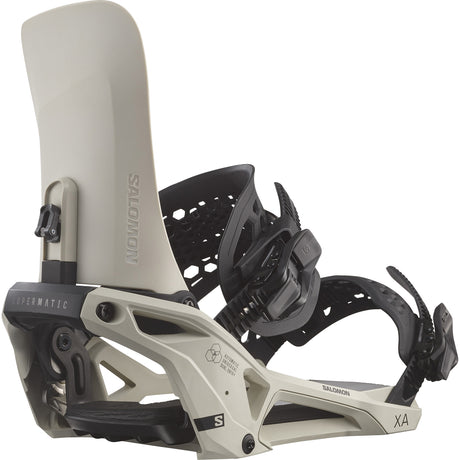 XASupermatic-Salomon XA Supermatic snowboard bindings in black and beige color, featuring a step-in system with dual straps and a highback, designed for aggressive all-mountain riding.