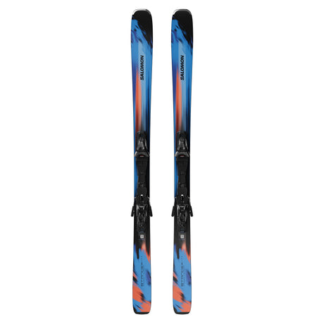 Stance 84- A pair of Salomon Stance 84 adult skis with MI12 GW system bindings, featuring a blue and orange design on a white background.