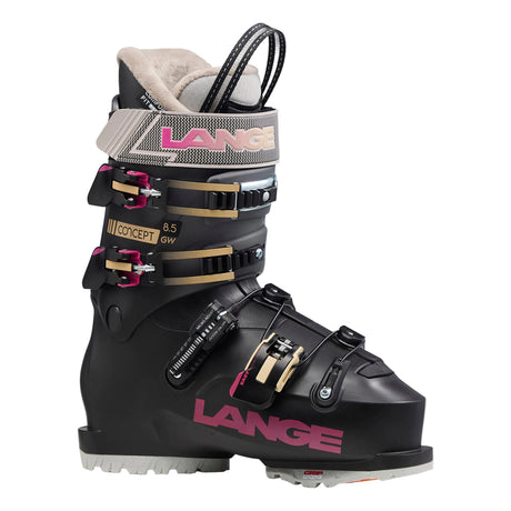 WConcept8.5BOA-A black Lange Concept 8.5 BOA GW women's ski boot with BOA lacing system and pink detailing.