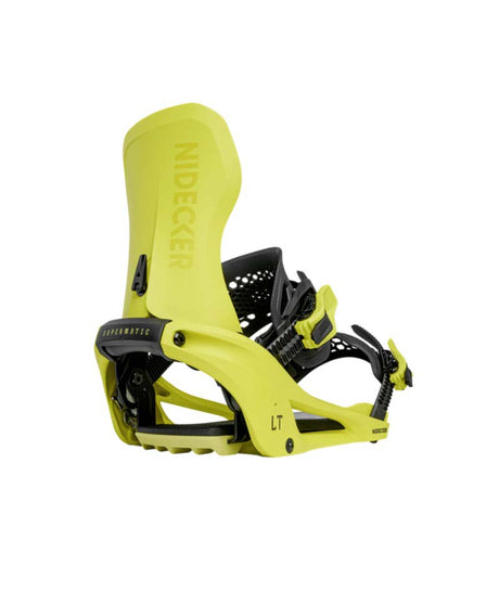 LTSupermatic- Neon green snowboard binding with 'Nidecker' branding on a white background
