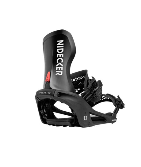 LTSupermatic- Black snowboard binding with 'Nidecker' branding on a white background
