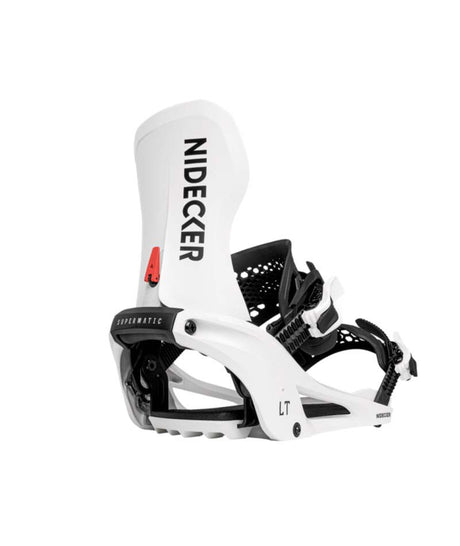 LTSupermatic- White snowboard binding with 'Nidecker' branding on a white background