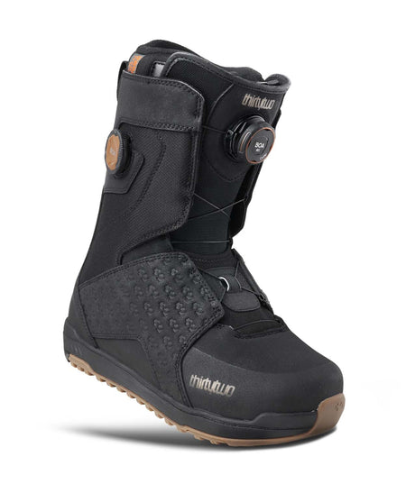 LashedDoubleBOA-Black snowboard boot with brown sole on a white background