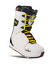 LashedFava- White snowboard boot with black accents and yellow laces on a white background