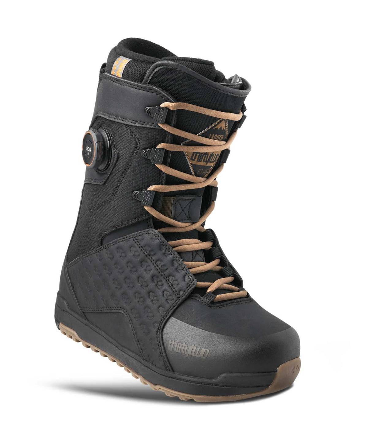 LashedHybrid-Black and brown boot with brand logo on a white background
