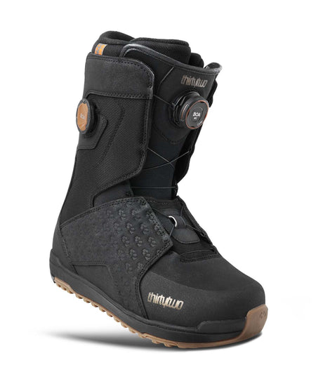LashedWideDoubleBOA-Black snowboard boot with brown accents on a white background