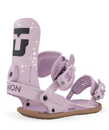 Legacy-Light pink snowboard binding with 'Union' branding on a white background