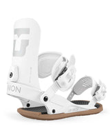 Legacy-White snowboard binding with 'Union' branding on a white background