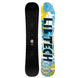Legitimizer- Lib Tech snowboard base with colorful design base and black textured top sheet on a white background