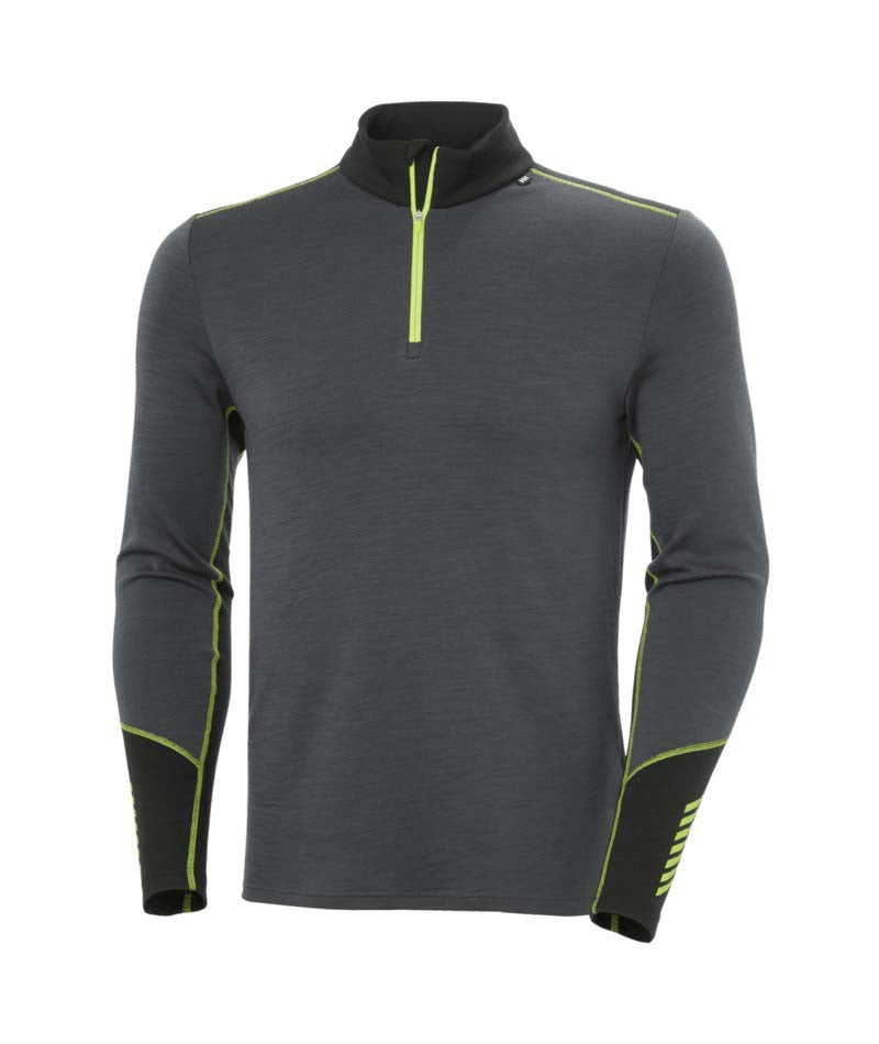 LifaMerinoMidweight1_2Zip-Gray long-sleeve shirt with yellow accents on a white background