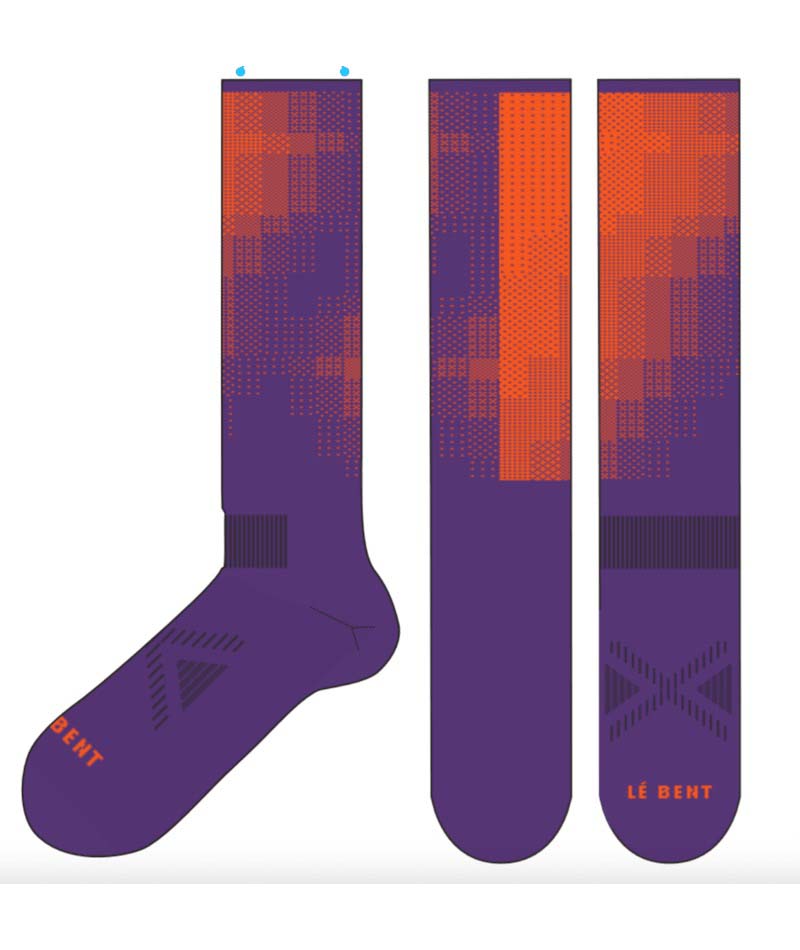 LightCushionPixelSnowSock-Purple and orange socks with geometric pattern on a white background