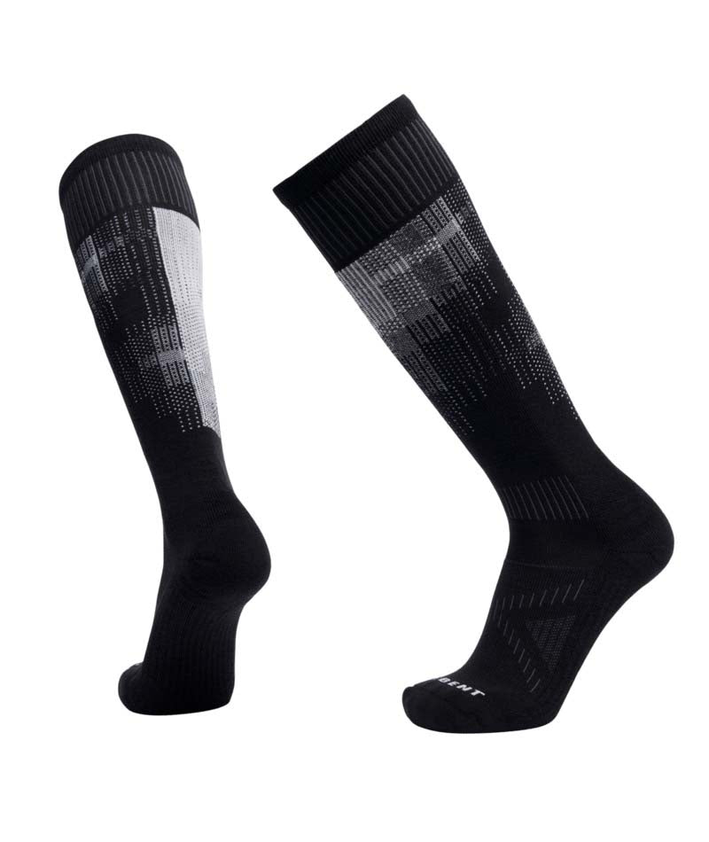 LightCushionPixelSnowSock-Black knee-high socks with white pattern on a white background