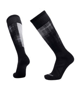 LightCushionPixelSnowSock-Black knee-high socks with white pattern on a white background