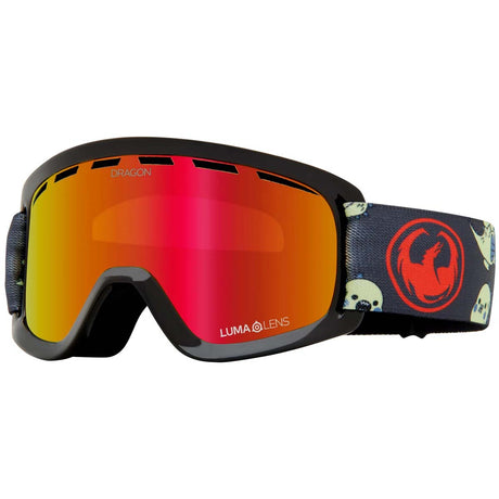 LilD-Dragon ski goggles with red mirrored lens and patterned strap on a white background