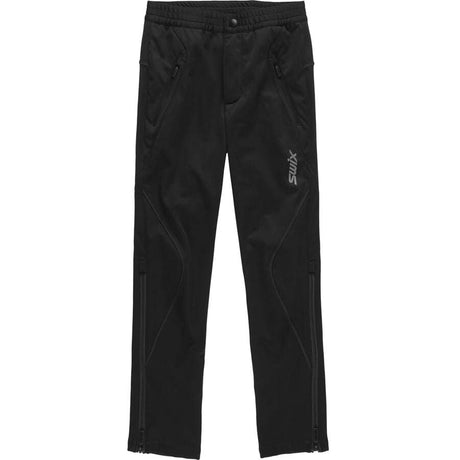 LillehammerKidsPants-Black athletic pants with zippered side pockets and a white SWIX logo on the left thigh, shown against a plain white background.