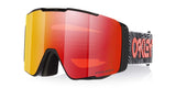 LineMinerProL-Red and black goggles with a reflective lens on a white background