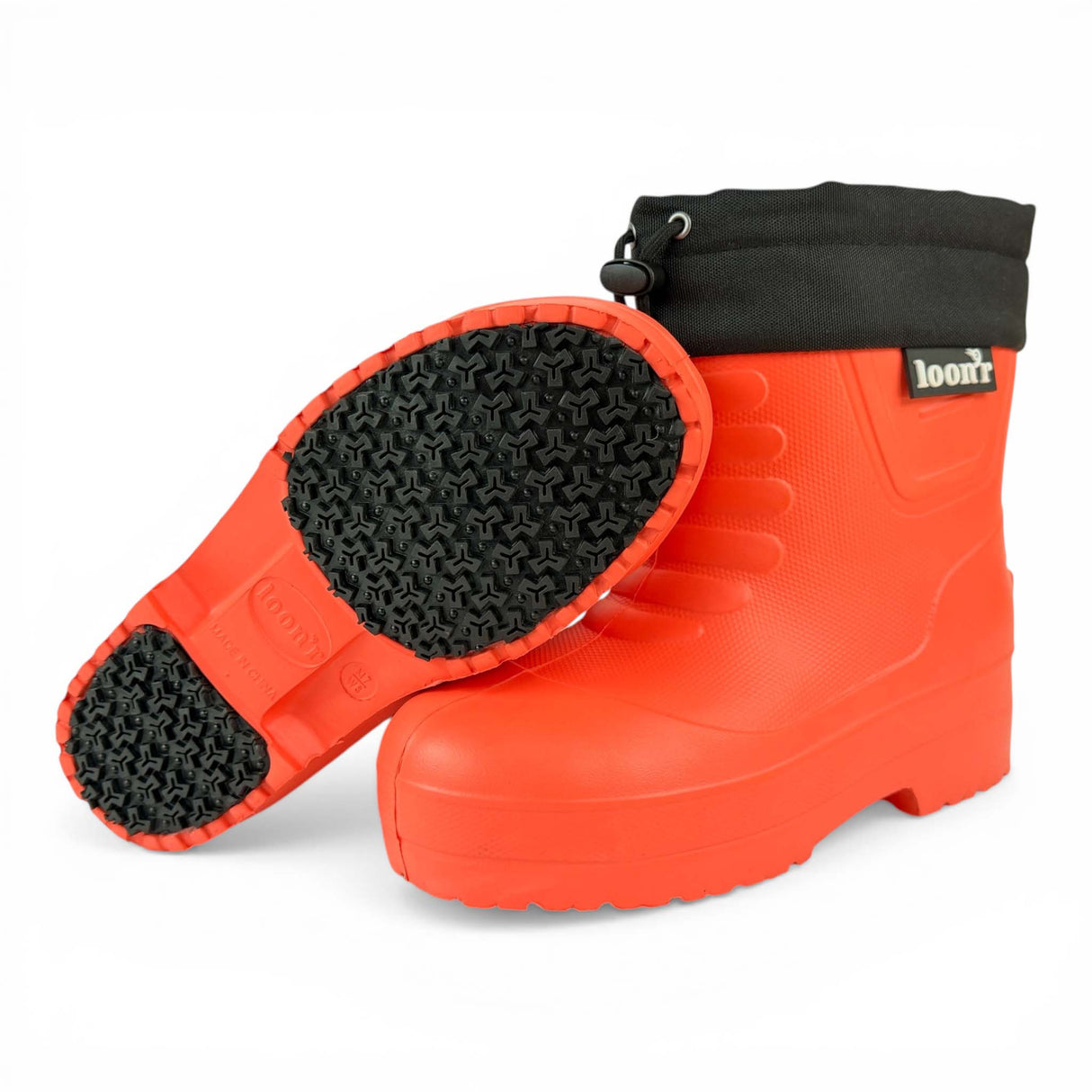 LoRider- Orange rubber boots on a white background
