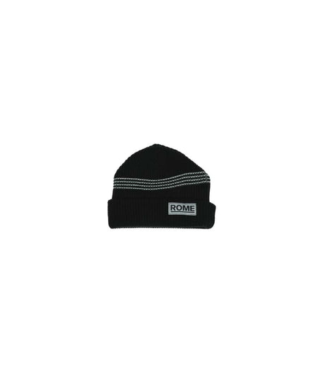 LogoBeanie- Black beanie with white horizontal lines on a white background