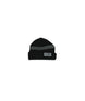 LogoBeanie- Black beanie with white horizontal lines on a white background
