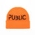 LogoCuffBeanie- A bright orange knit beanie with the word 'PUBLIC' embroidered in black across the front fold, shown on a plain white background.