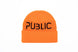 LogoCuffBeanie- A bright orange knit beanie with the word 'PUBLIC' embroidered in black across the front fold, shown on a plain white background.