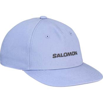 LogoFlatCap-Light blue cap with 'Salomon' logo on a white background