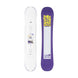 Lotus- White snowboard with a purple and yellow flower in the center and a purple base with a yellow flower at the top shown on a white background
