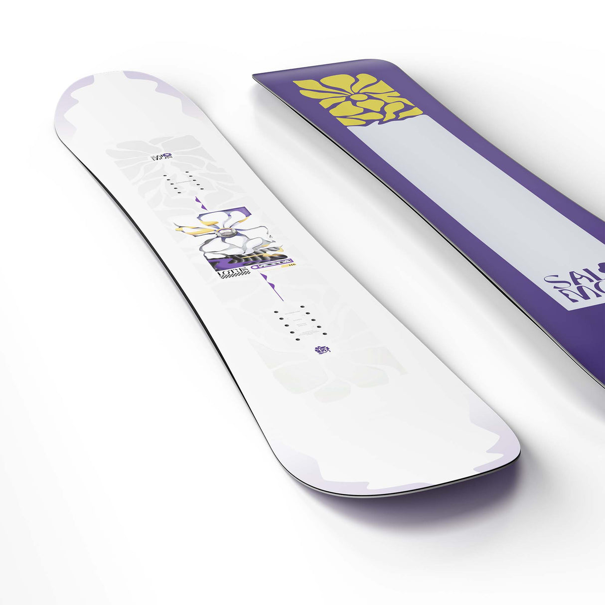 Lotus- White snowboard with a purple and yellow flower in the center and a purple base with a yellow flower at the top shown on a white background