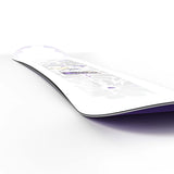 Lotus- White snowboard with a purple and yellow flower in the center shown on a white background