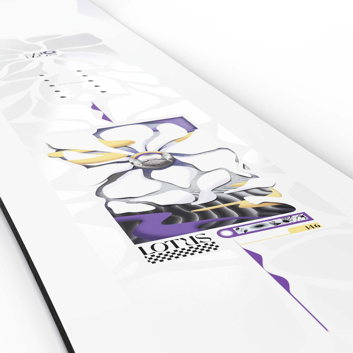 Lotus- White snowboard with a purple and yellow flower in the center shown on a white background