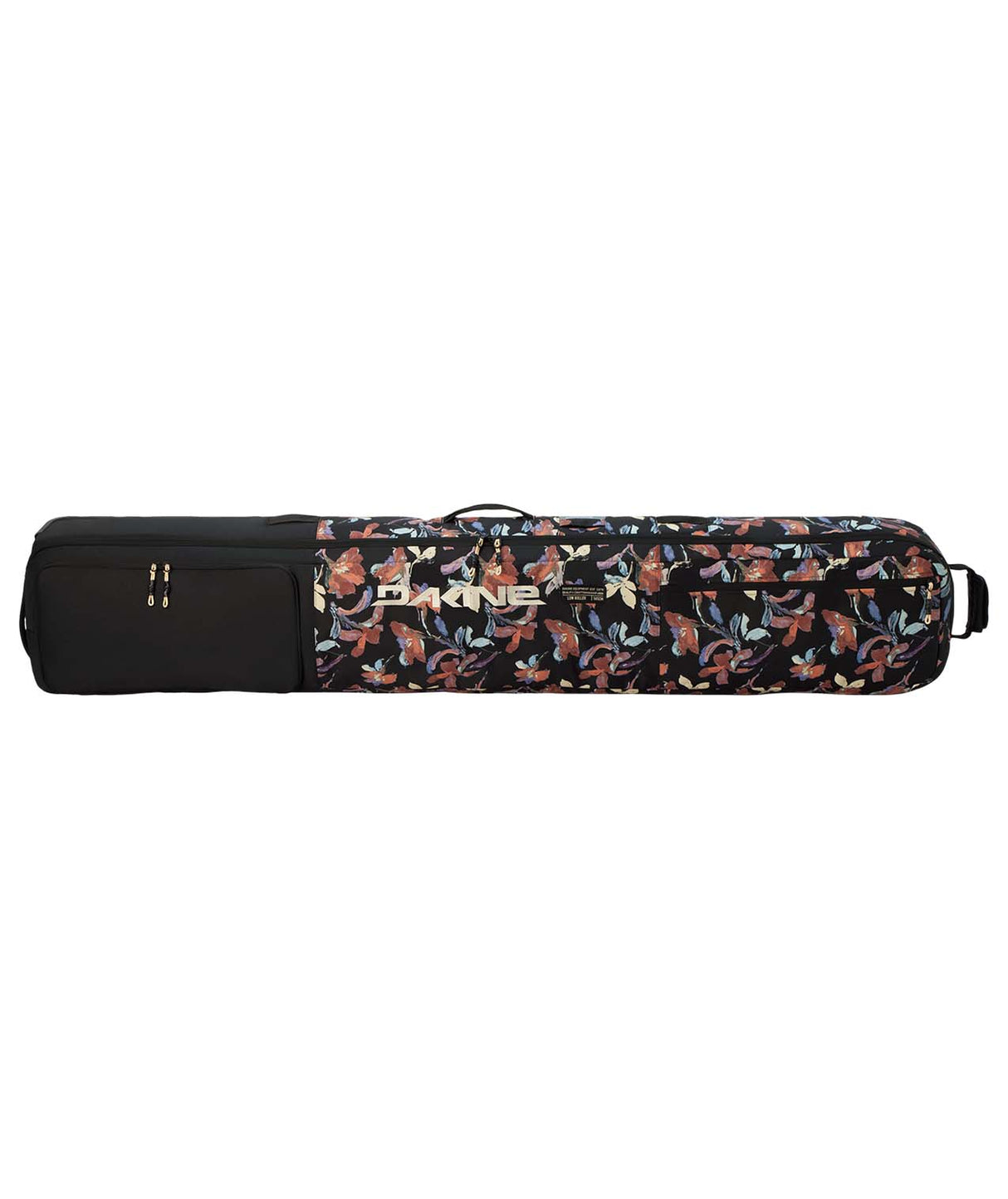 LowRollerSnowboardBag-Black floral patterned snowboard bag with Dakine logo on a white background