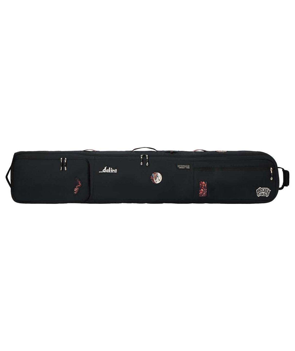 LowRollerSnowboardBagXMayhem-Black snowboard bag with multiple compartments and brand logos on a white background