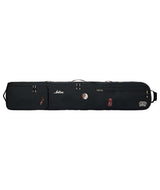 LowRollerSnowboardBagXMayhem-Black snowboard bag with multiple compartments and brand logos on a white background