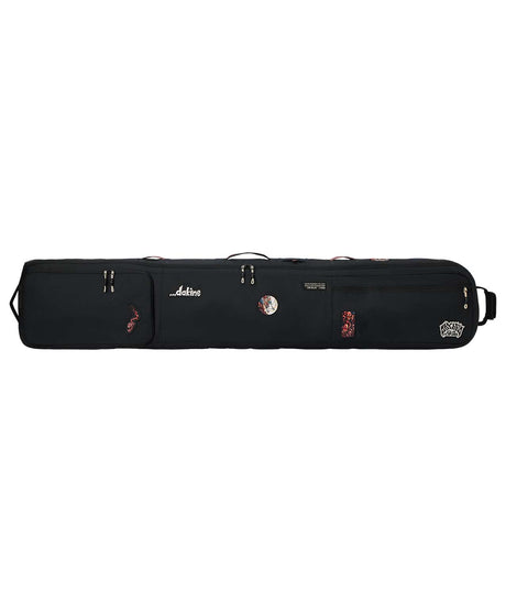 LowRollerSnowboardBagXMayhem-Black snowboard bag with multiple compartments and brand logos on a white background